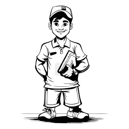 Illustration for Vector illustration of a boy in a cap and t-shirt holding a clipboard - Royalty Free Image