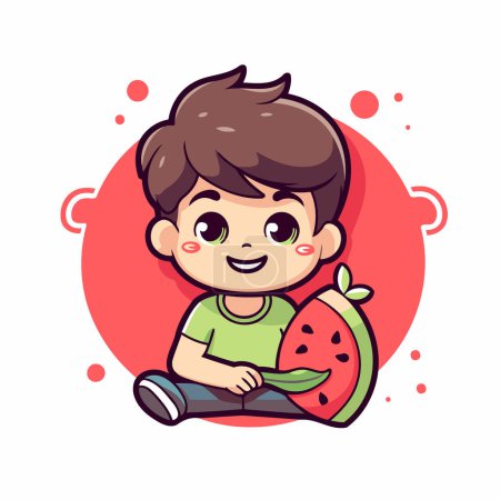 Téléchargez les illustrations : Joli garçon mangeant de la pastèque. Illustration vectorielle dans le style dessin animé. - en licence libre de droit