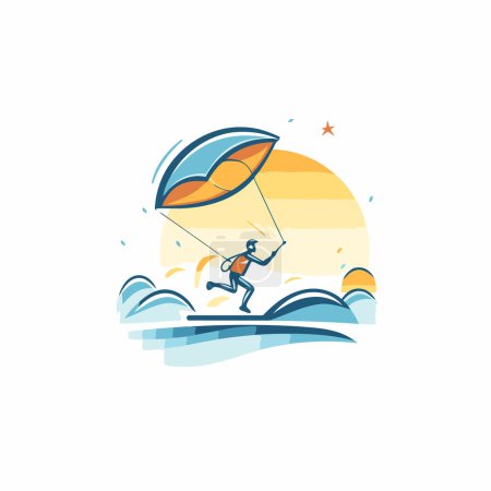Ilustración de Kitesurf icono plano. Ilustración vectorial de cometa surfista en las olas. - Imagen libre de derechos