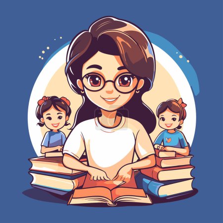 Téléchargez les illustrations : Mère lisant le livre avec ses enfants. Illustration vectorielle dans le style dessin animé. - en licence libre de droit