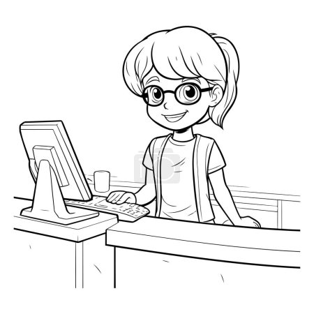 Téléchargez les illustrations : Adolescente utilisant un ordinateur. Illustration vectorielle noir et blanc pour livre à colorier. - en licence libre de droit