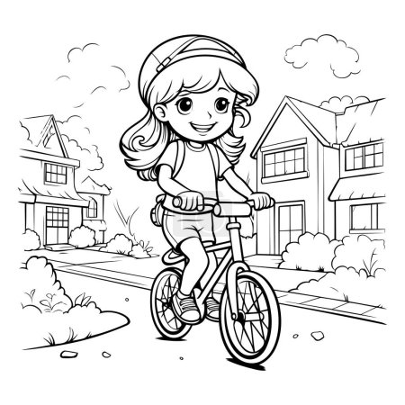 Ilustración de Página para colorear Esquema de una linda niña montando una bicicleta - Imagen libre de derechos