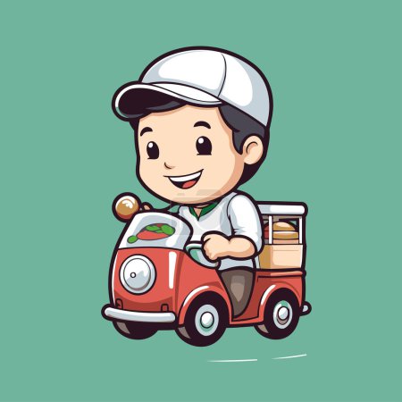Illustration for Cute cartoon delivery boy on a toy car. Vector illustration. - Royalty Free Image