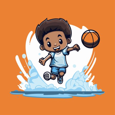 Ilustración de Lindo niño jugando baloncesto en la playa. Ilustración vectorial. - Imagen libre de derechos