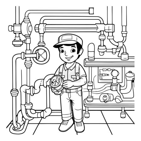Illustration for Plumber at work. Black and white illustration for coloring book. - Royalty Free Image