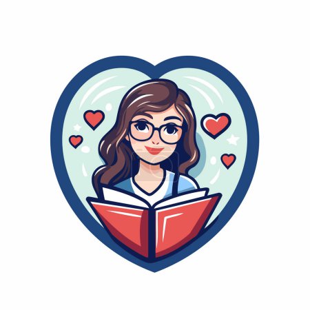 Illustration for Vector illustration of a female teacher reading a book in a heart shape - Royalty Free Image