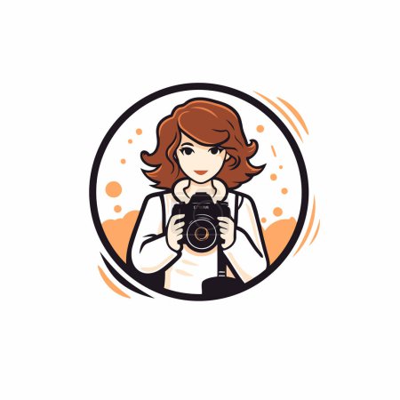 Illustration for Vector illustration of a photographer girl with camera in circle on white background. - Royalty Free Image