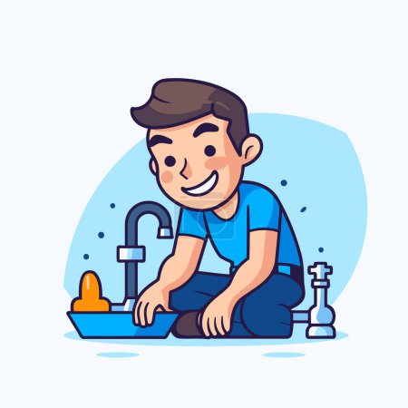 Cartoon boy washing in the bathroom. Vector illustration in flat style