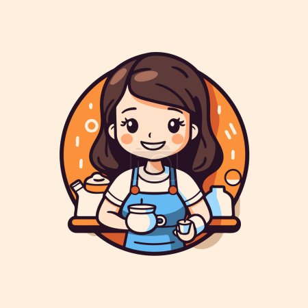 Ilustración de Linda niña bebiendo café. Ilustración vectorial en estilo de dibujos animados. - Imagen libre de derechos