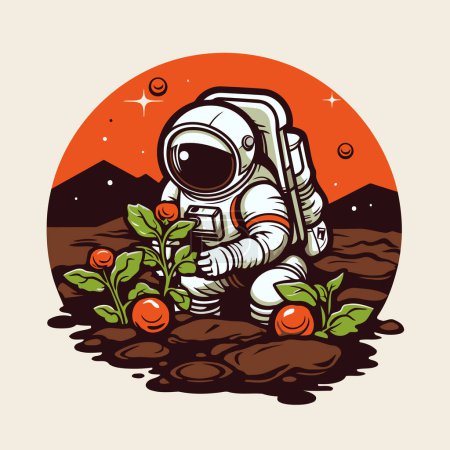 Astronauta en el campo con plantas de tomate. Ilustración vectorial.
