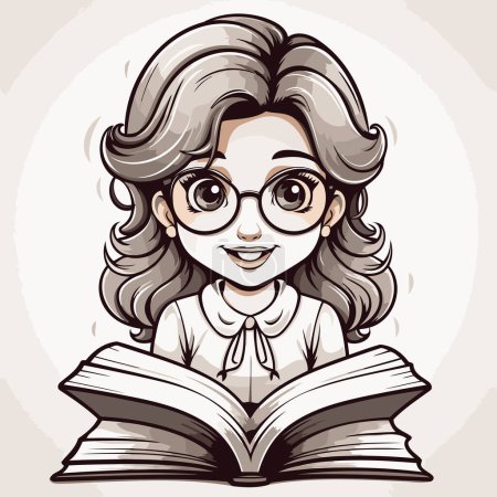 Illustration for Vector illustration of a girl in glasses reading a book on a light background - Royalty Free Image