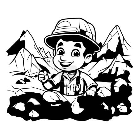 Illustration for Cartoon illustration of a boy with a mountain in the background. - Royalty Free Image
