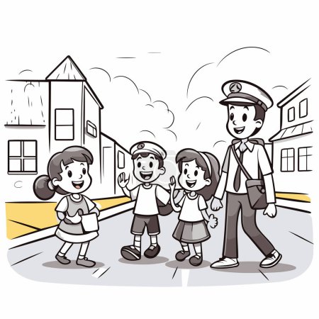 Ilustración de Ilustración de Stickman Niños y policía caminando por la calle - Imagen libre de derechos