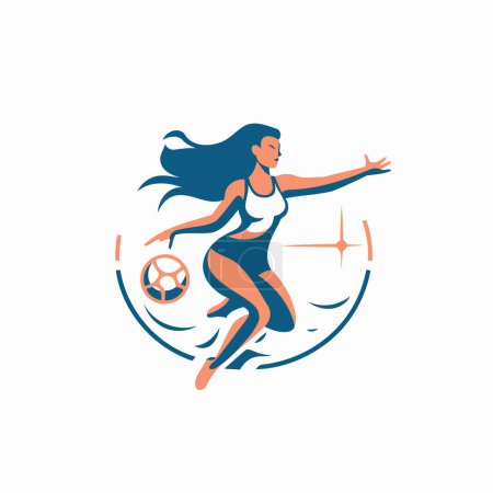 Illustration for Woman soccer player with ball vector illustration. Soccer sport club logo template. - Royalty Free Image