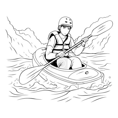 Illustration for Illustration of a man kayaking on the river. black and white - Royalty Free Image