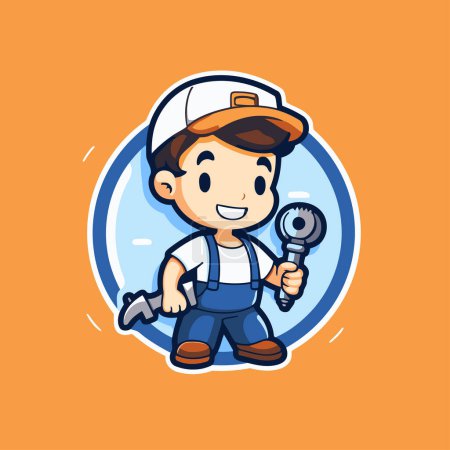 Illustration for Cartoon mechanic boy holding a wrench. Cute vector illustration. - Royalty Free Image