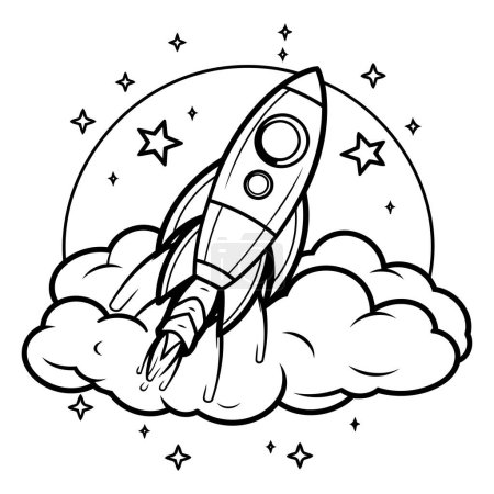 Téléchargez les illustrations : Livre à colorier pour enfants : fusée dans les nuages. Illustration vectorielle - en licence libre de droit