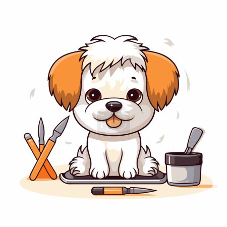 Illustration for Cute little dog with a brush and a palette. Vector illustration. - Royalty Free Image