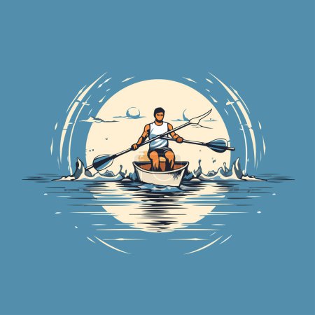 Illustration for Man rowing on a boat in the sea. Vector illustration. - Royalty Free Image