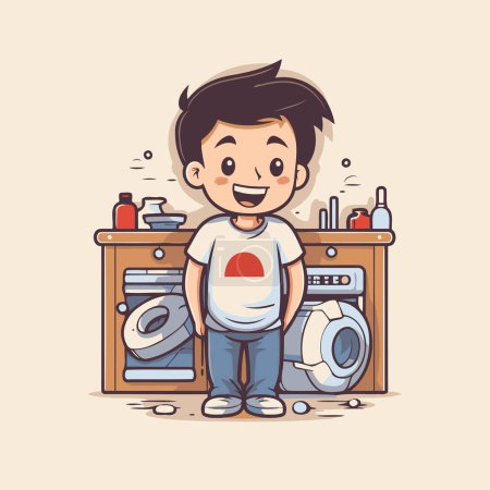 Téléchargez les illustrations : Mignon garçon de dessin animé dans la machine à laver. Illustration vectorielle d'un petit garçon. - en licence libre de droit