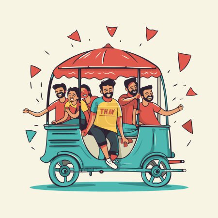 Ilustración vectorial de un grupo de personas montando un tuk tuk taxi.