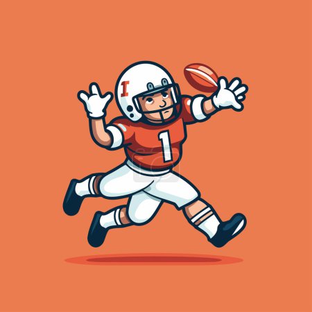 Téléchargez les illustrations : Joueur de football américain qui court avec le ballon. illustration vectorielle de dessin animé sur fond orange. - en licence libre de droit
