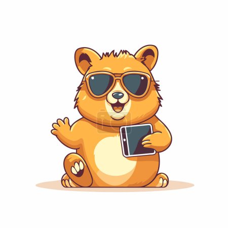 Ilustración de Bonito oso de dibujos animados en gafas de sol con teléfono móvil. Ilustración vectorial. - Imagen libre de derechos