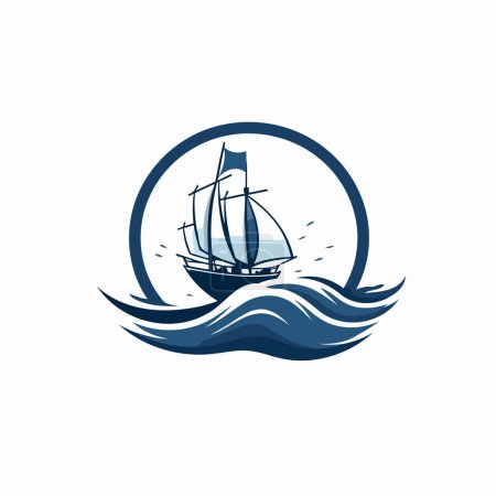 Illustration for Sailing ship icon on the sea waves background. Vector illustration. - Royalty Free Image
