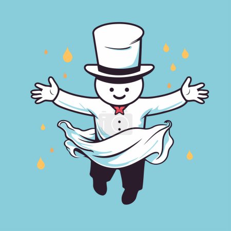 Téléchargez les illustrations : Illustration d'un bonhomme de neige heureux en haut de forme et foulard sautant - en licence libre de droit