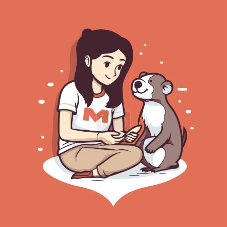 Téléchargez les illustrations : Illustration d'une jolie fille jouant avec son chien. Illustration vectorielle - en licence libre de droit