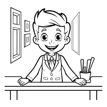 Illustration for Businessman at the table in the office. black and white vector illustration - Royalty Free Image