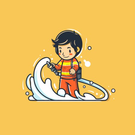 Illustration for Vector cartoon illustration of boy surfing on wave. Isolated on yellow background. - Royalty Free Image