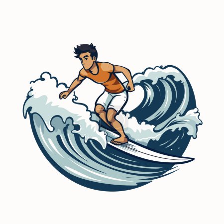Illustration for Surfer with a surfboard on the wave. Vector illustration. - Royalty Free Image