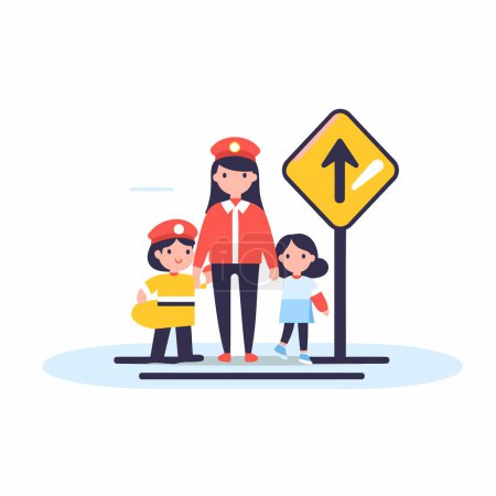 Illustration for Mother and children with traffic signs. Vector illustration in flat style. - Royalty Free Image