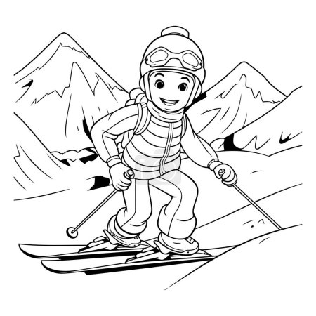 Téléchargez les illustrations : Une skieuse. illustration vectorielle noir et blanc pour livre à colorier - en licence libre de droit