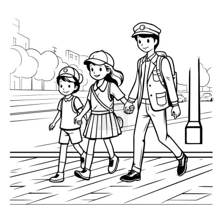 Ilustración de Feliz familia caminando por la ciudad. ¡Padre! madre e hija. Ilustración vectorial en blanco y negro. - Imagen libre de derechos