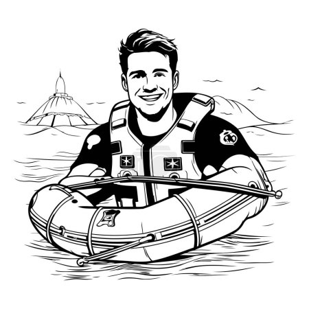 Téléchargez les illustrations : Homme en gilet de sauvetage avec bateau gonflable. Illustration vectorielle noir et blanc. - en licence libre de droit