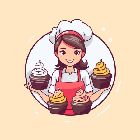 Téléchargez les illustrations : Chef femme tenant cupcake. Illustration vectorielle dans le style dessin animé. - en licence libre de droit