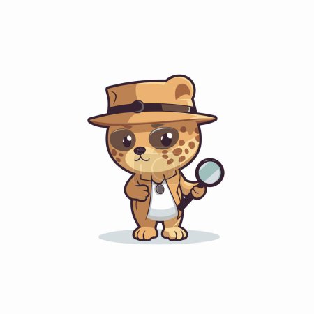 Téléchargez les illustrations : Mignon personnage de détective léopard avec loupe. Illustration vectorielle - en licence libre de droit