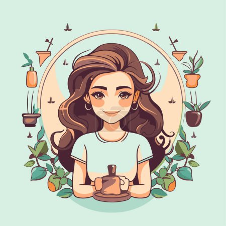 Téléchargez les illustrations : Belle fille avec une tasse de thé. Illustration vectorielle dans le style dessin animé. - en licence libre de droit