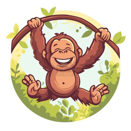 Illustration for Vector illustration of a happy smiling orangutan holding a branch with leaves. - Royalty Free Image