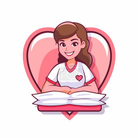 Ilustración de Linda chica de dibujos animados con libro en forma de corazón. Ilustración vectorial. - Imagen libre de derechos