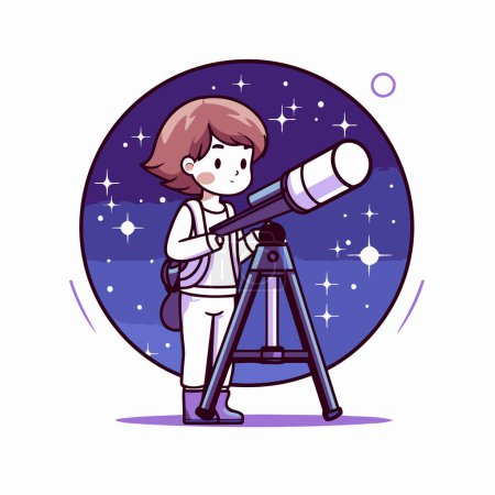 Illustration for Vector illustration of a girl looking through a telescope. Space theme. - Royalty Free Image