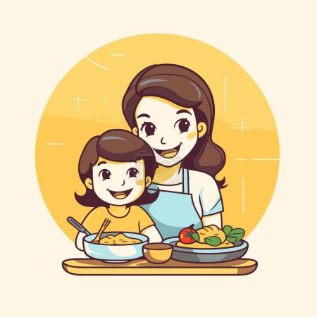 Téléchargez les illustrations : Mère et fille mangent ensemble. Illustration vectorielle dans un style plat. - en licence libre de droit