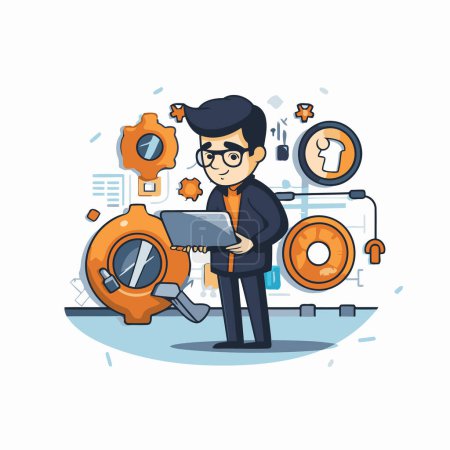 Illustration for Businessman with laptop and gear. Vector illustration in cartoon style. - Royalty Free Image