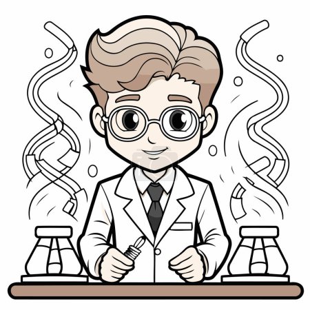 Téléchargez les illustrations : Scientifique en dessin animé en blouse de laboratoire et lunettes. Illustration vectorielle. - en licence libre de droit