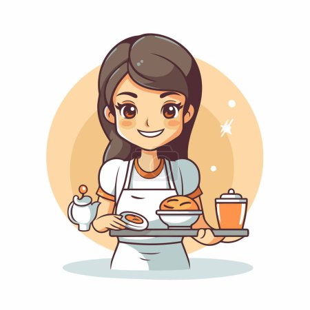 Illustration for Cute girl in apron holding plate with breakfast. Vector illustration. - Royalty Free Image