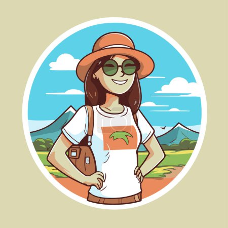 Téléchargez les illustrations : Femme touristique avec chapeau et lunettes de soleil. Illustration vectorielle dans le style dessin animé - en licence libre de droit