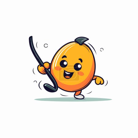 Illustration for Funny cartoon mango character with hockey stick and puck. Vector illustration. - Royalty Free Image