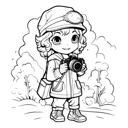 Illustration for Cute little girl with a camera. Vector illustration for coloring book. - Royalty Free Image